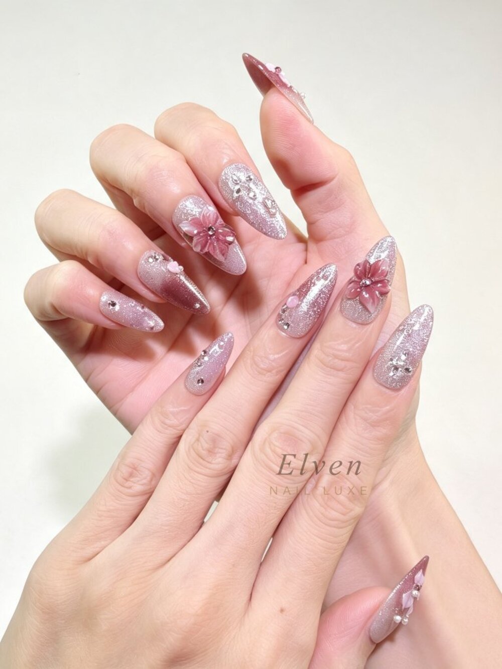 Pink Glitter Cat Eye Press On Nails with 3D Pink Flowers & Pearls Medium Almond